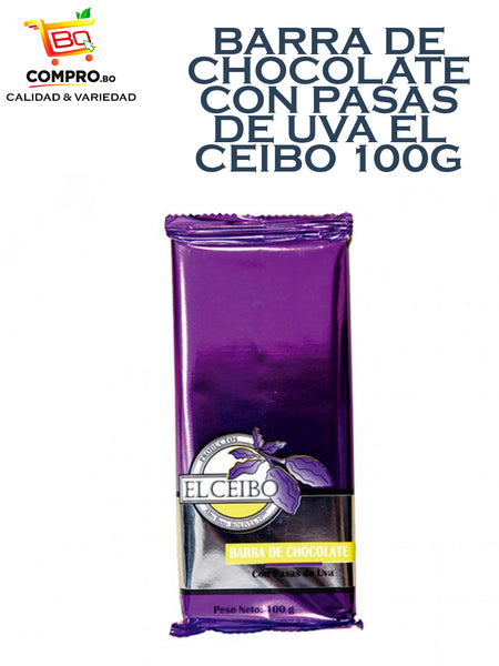 BARRA DE CHOCOLATE CON PASAS DE UVA EL CEIBO 100G